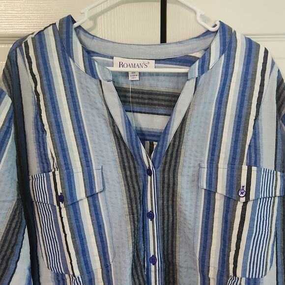 Roaman's Womens Multi-colored Striped V-neck Button Top Size 30W NWOT Seersucker - Picture 7 of 12